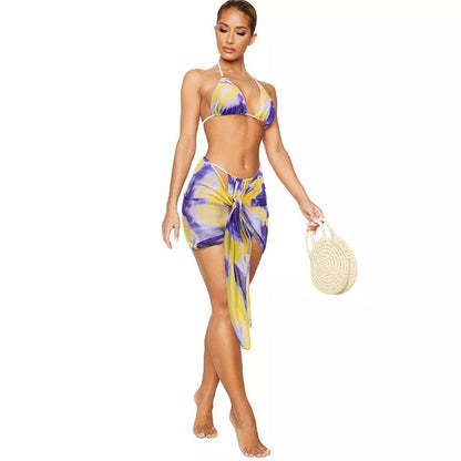 Women's three-piece split swimsuit in cotton blend, available in orange, pink, and purple