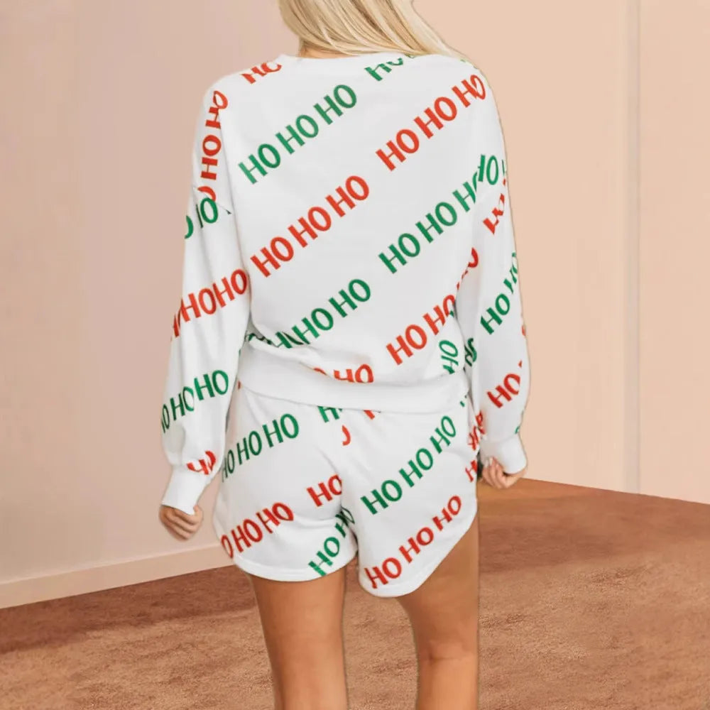 White women's two-piece suit with letter print, long sleeves, and fifth-length trousers in street fashion style