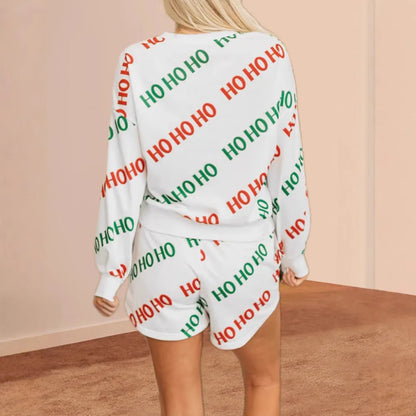 White women's two-piece suit with letter print, long sleeves, and fifth-length trousers in street fashion style