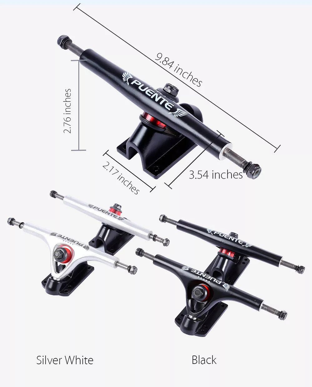 Puente skateboard bracket in black and white, alloy construction for durability
