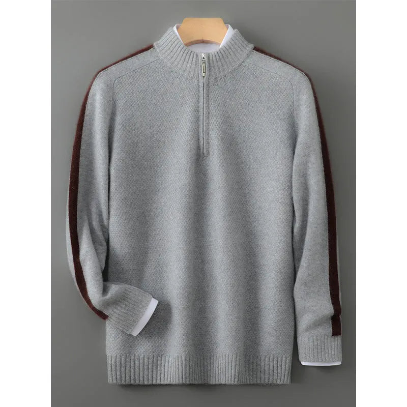 Sheep wool sweater with half-height zip, round neck, and slim fit in raw velvet camel colour