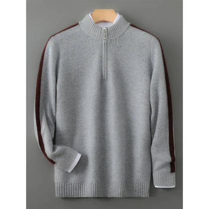 Sheep wool sweater with half-height zip, round neck, and slim fit in raw velvet camel colour