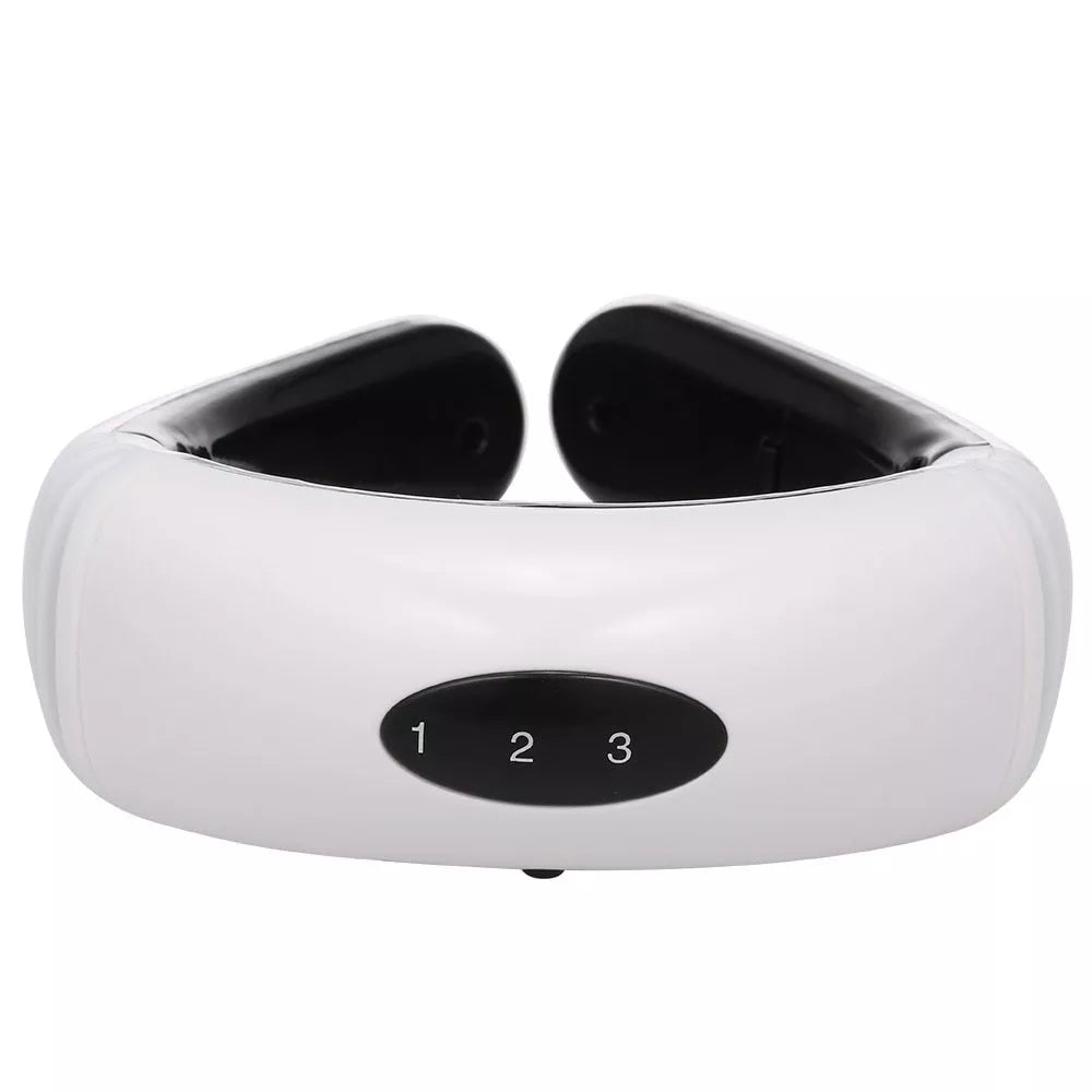 Cervical massager with 6 modes for neck tension relief, white color, includes gel strips