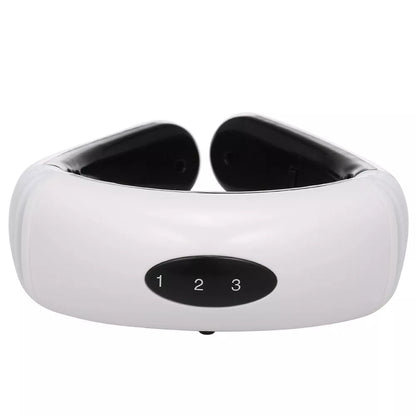 Cervical massager with 6 modes for neck tension relief, white color, includes gel strips