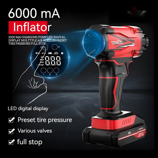 Red and black portable car wireless air pump with nozzle attachments and power cable