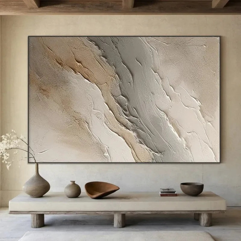 Hand-painted beige grey abstract oil painting on canvas, one panel, frameless and unstretched wall art