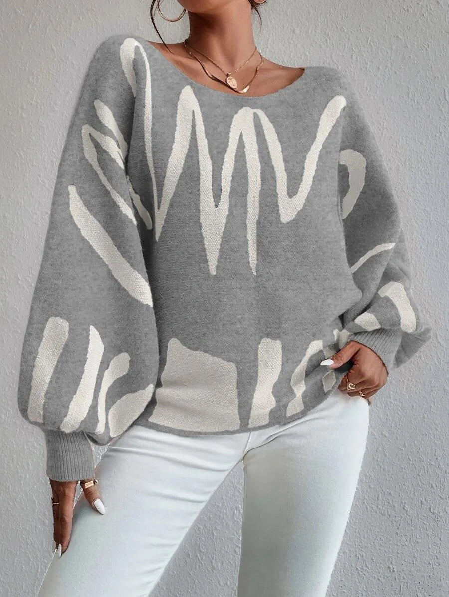 Women's lantern-sleeved pullover sweater with printed design in various colors
