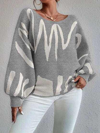Women's lantern-sleeved pullover sweater with printed design in various colors
