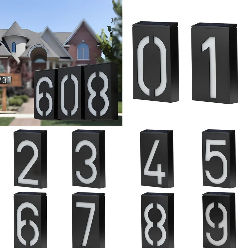 Solar powered house number with LED illumination showing waterproof construction and concealed mounting