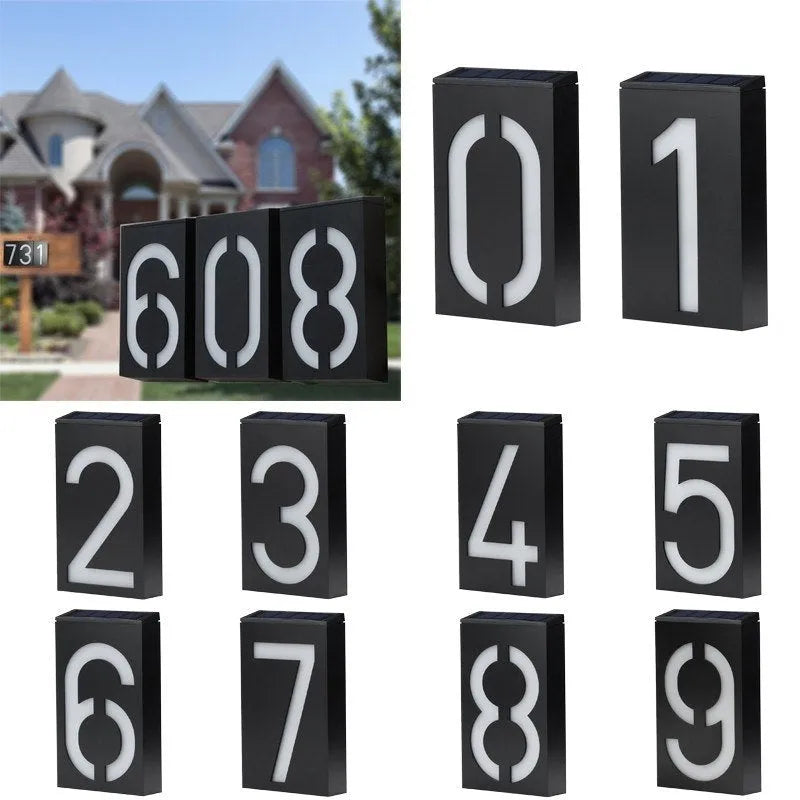 Solar-powered house number light with 6 LED illumination and concealed wall-mounting design