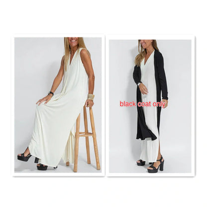 Women's V-neck sleeveless dress and long cardigan jacket set in solid colors