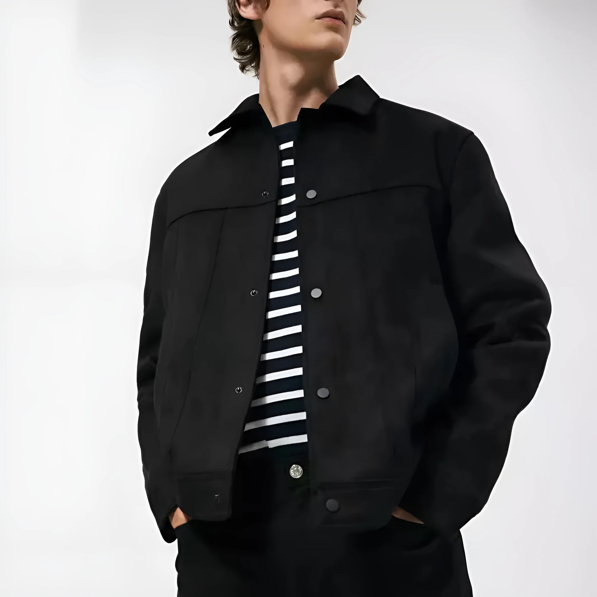 Black men's hooded jacket with a suede collar and side seam pockets.