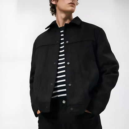 Black men's hooded jacket with a suede collar and side seam pockets.