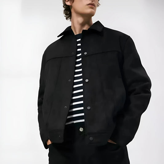 Black men's hooded jacket with a suede collar and side seam pockets.