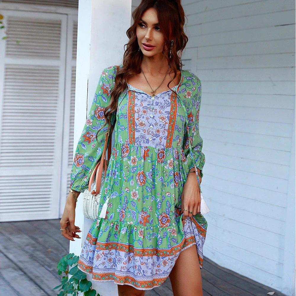 Boho print button V-neck long sleeve fringe dress in vibrant colors