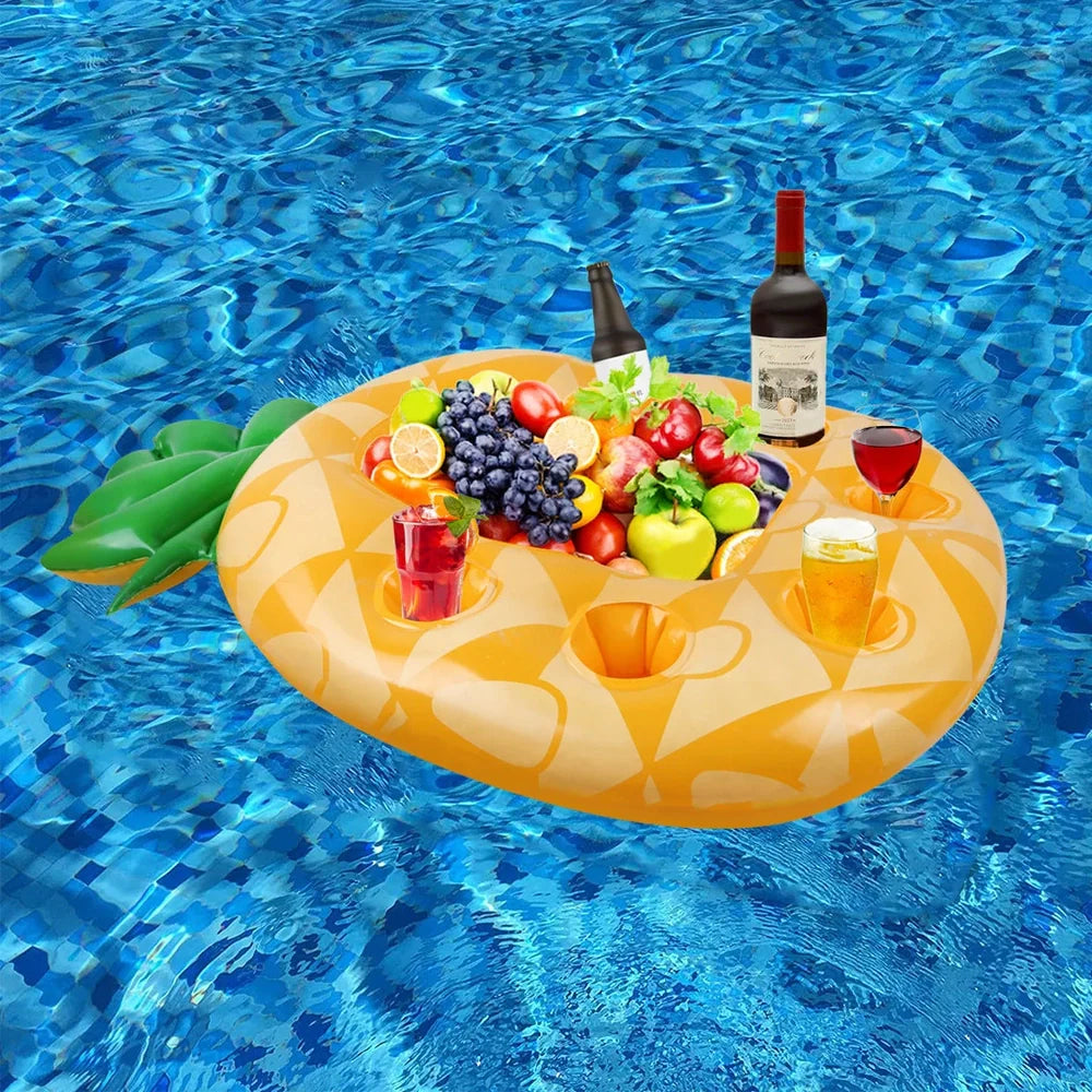 Yellow pineapple-shaped inflatable float with drink holders on 30cm platform