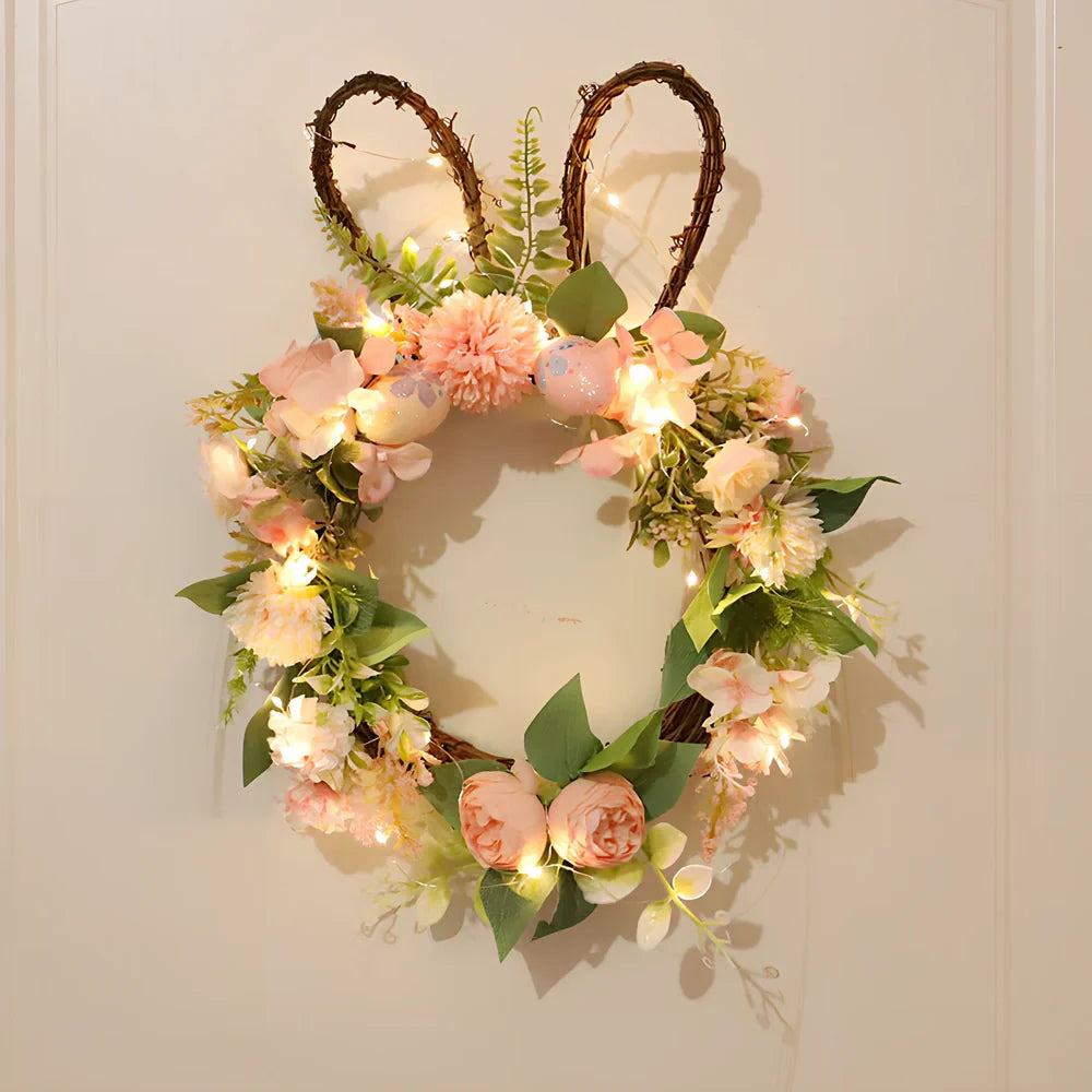 Easter chrysanthemum rabbit wreath measuring 35x45cm with silk flowers and plant teng base