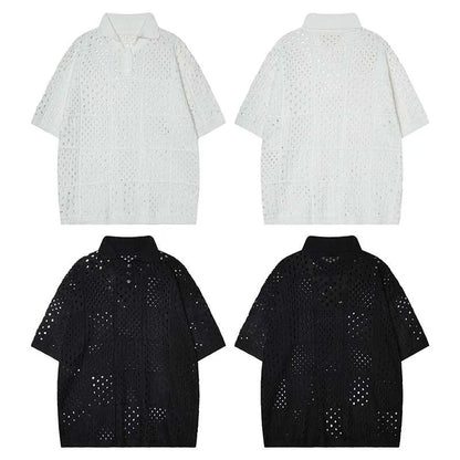 Knitted polo shirt short sleeve in solid black colour showing loose fit design