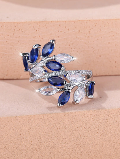 Horse Eye Zircon Leaf Ring with adjustable opening in rose gold purple white diamond colour on a hand