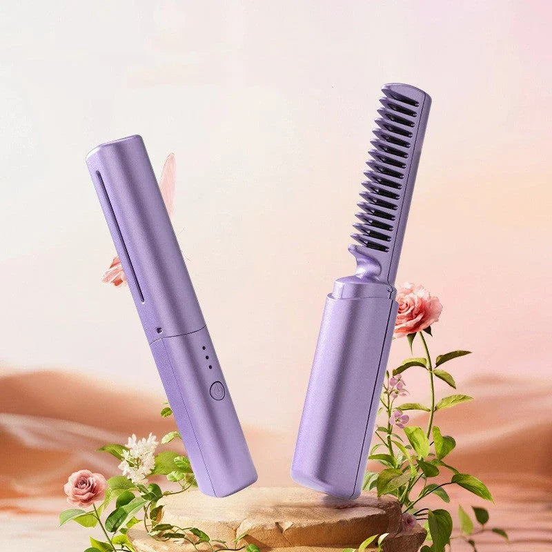 Cordless hair straightener brush with ceramic-infused bristles and negative ion technology for smooth, shiny hair styling