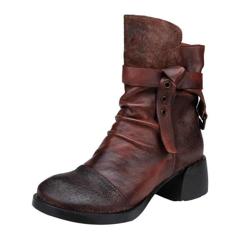 Women's black retro ankle boots with chunky heel and genuine leather upper