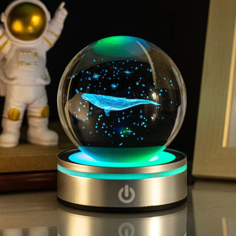 3D inner carving luminous crystal ball night lamp with 8cm white crystal and round touch USB base