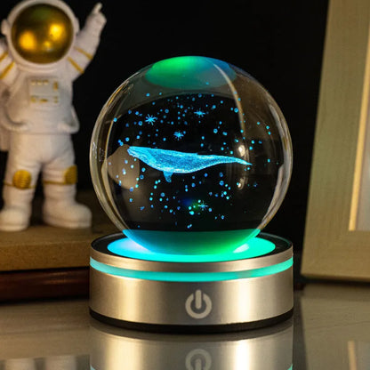 3D inner carving luminous crystal ball night lamp with 8cm white crystal and round touch USB base