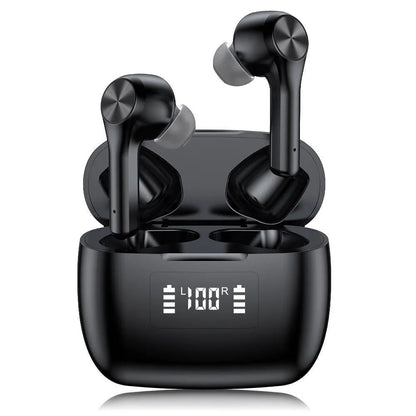 Cool black wireless Bluetooth earphones with touch controls and charging case