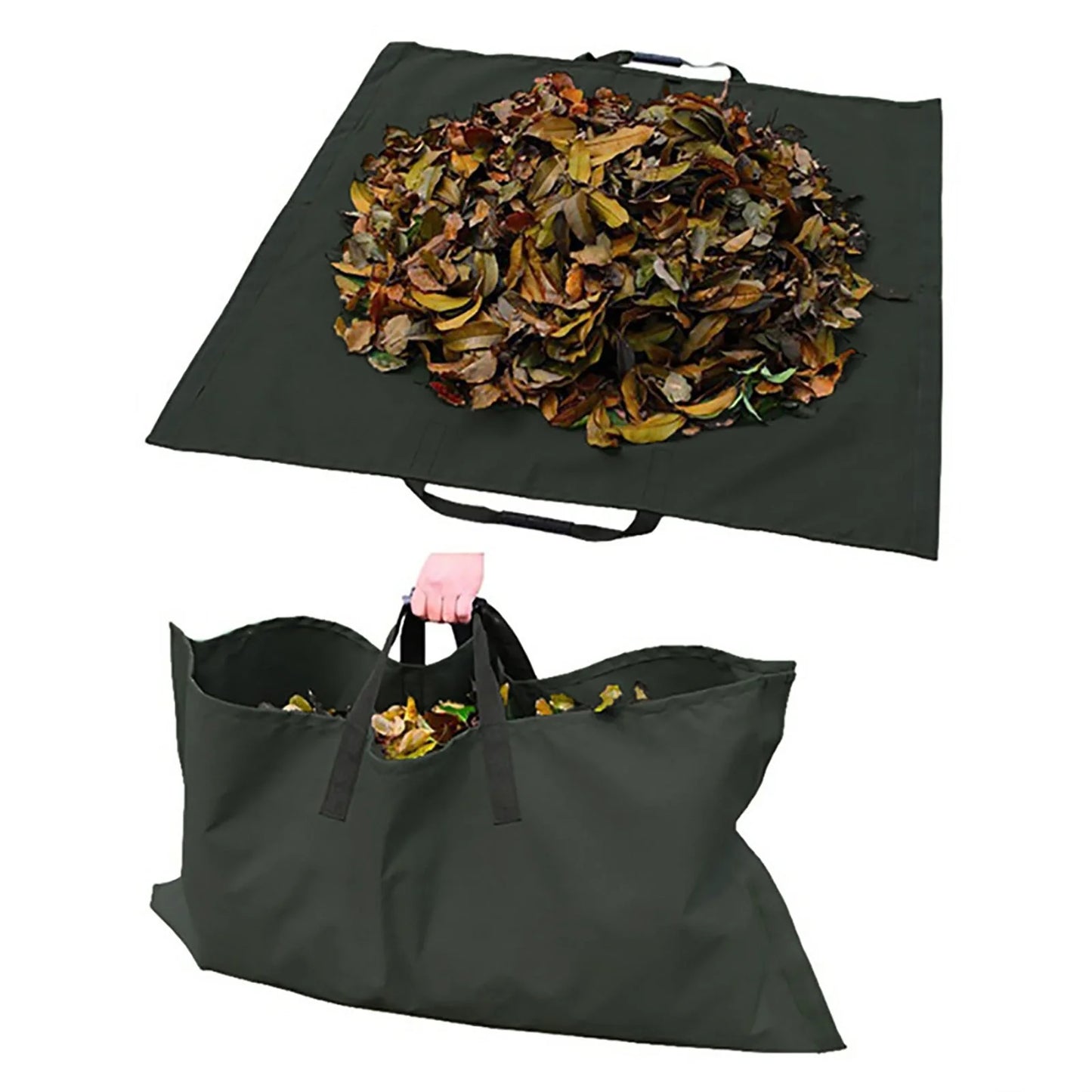 Heavy duty recyclable garden tote for yard waste, green color, with hook-and-loop fasteners