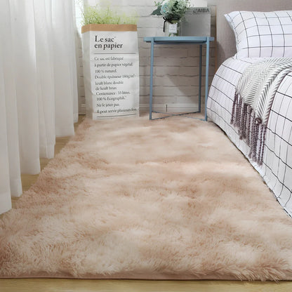 Tie-dyed variegated silk wool carpet floor mat showing organic colour patterns with polyester fibre suede backing