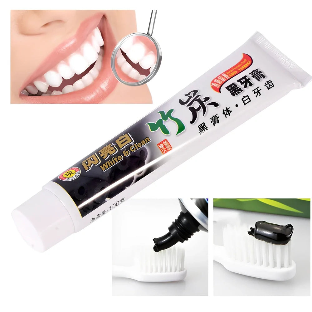 Bamboo charcoal toothpaste tube with black formula for dental stain removal and oral bacteria elimination