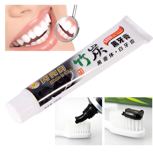 Bamboo charcoal toothpaste tube with black formula for dental stain removal and oral bacteria elimination