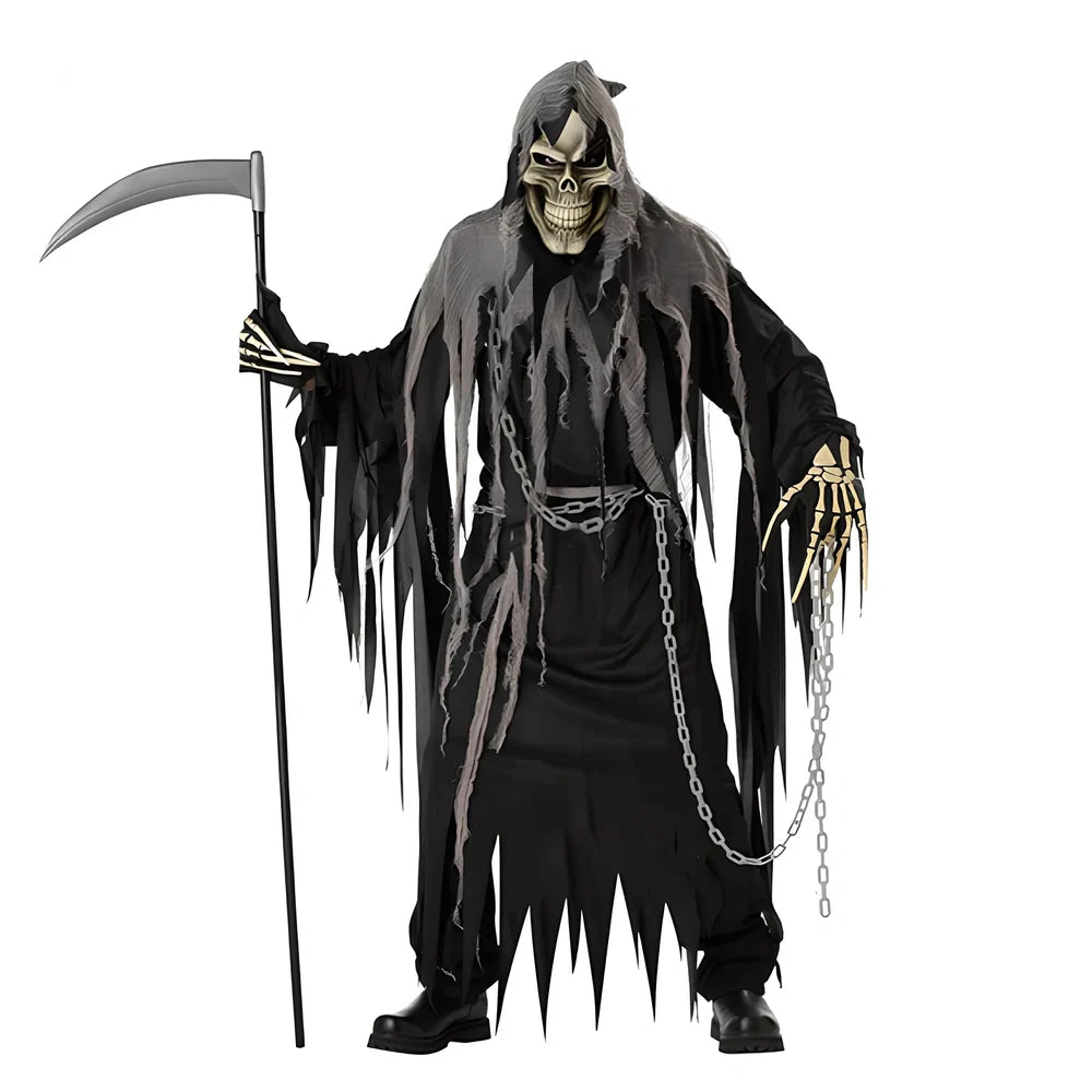Halloween adult performance costume with ghost headgear, robe, belt and gloves for horror zombie character