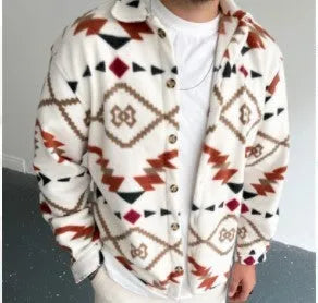 Men's white retro ethnic print cotton blend shirt jacket with brushed soft touch, lapel collar, and long sleeves.
