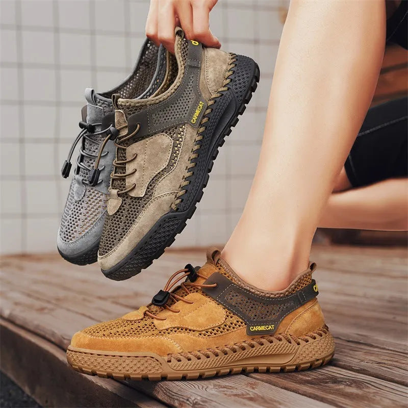 Men's brown suede casual tennis shoes with elastic band closure and hand-stitched rubber sole.