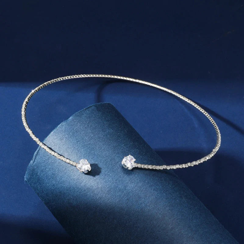 Silver Rhinestone Heart Collar Choker Necklace for Women with pearl chain