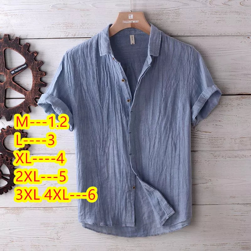 Men's solid color retro distressed linen shirt in white, blue, and gray