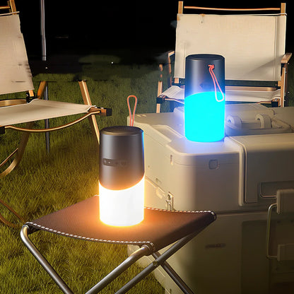 Black portable Bluetooth speaker with RGB lights, iron mesh covering, and compact circular design for outdoor audio