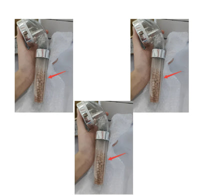 Pressurised shower head with stainless steel panel showing three water mode settings and removable nozzles