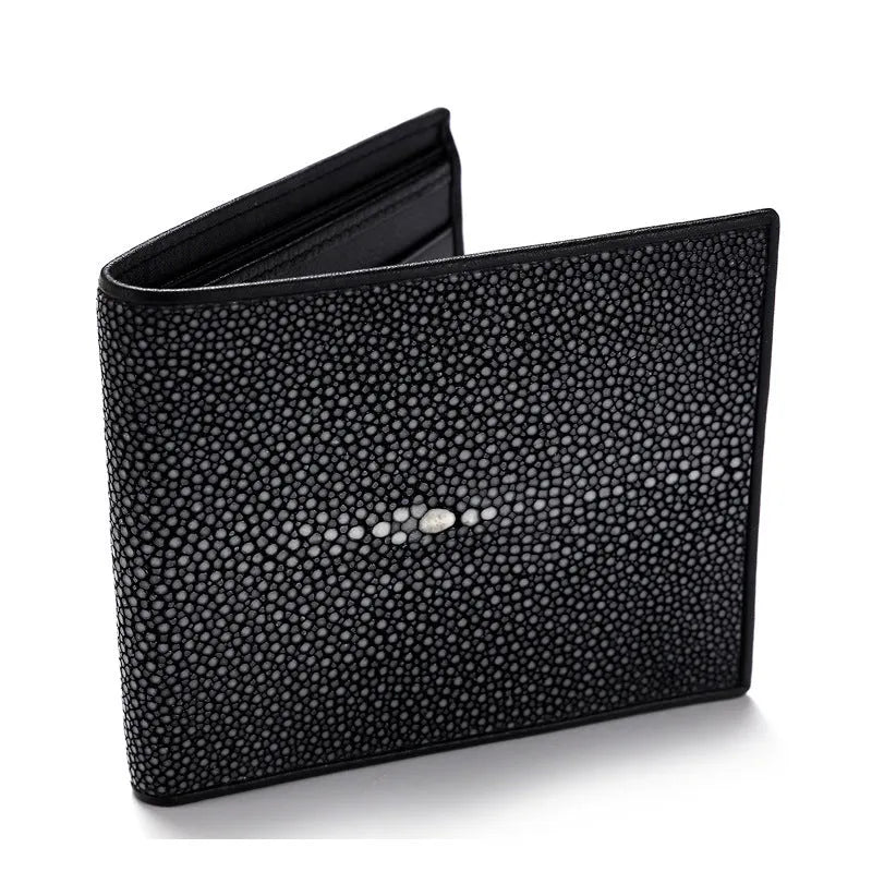 Genuine pearl fishskin leather short wallet with horizontal suitcase shape and sewing thread detail.