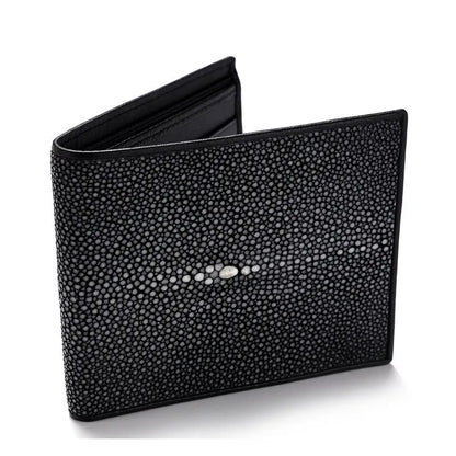 Genuine pearl fishskin leather short wallet with horizontal suitcase shape and sewing thread detail.