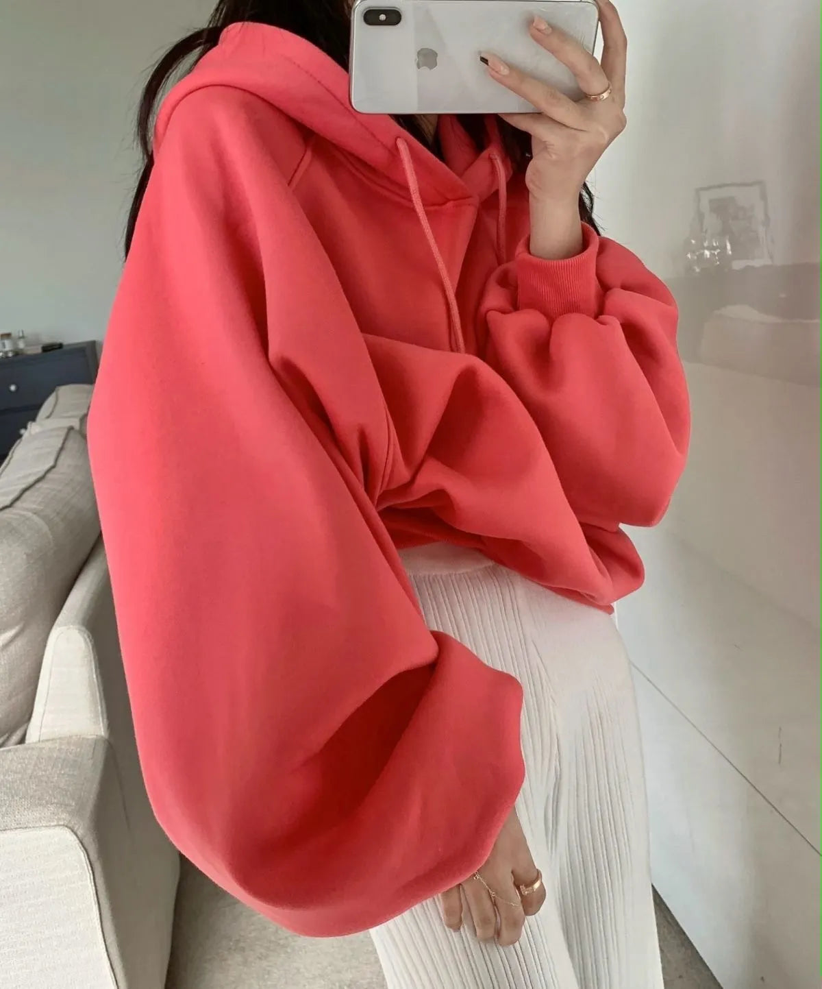 Women's loose hooded sweater in watermelon red mulberry silk, sleeveless design with solid colour, sizes S to 2XL