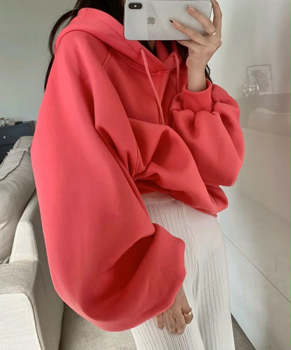 Women's loose hooded sweater in watermelon red mulberry silk, sleeveless design with solid colour, sizes S to 2XL