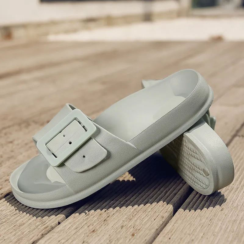 Women's grey blue flip-flop slippers with adjustable buckle and 1.5cm EVA sole