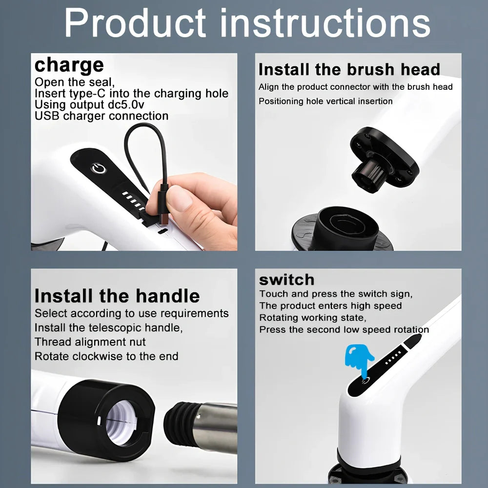 White 7-in-1 electric cleaning brush with telescopic rod and multiple brush heads for kitchen surfaces