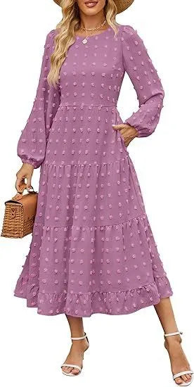 Autumn long sleeve dress with ruffled sleeves and high waist design in various colour options