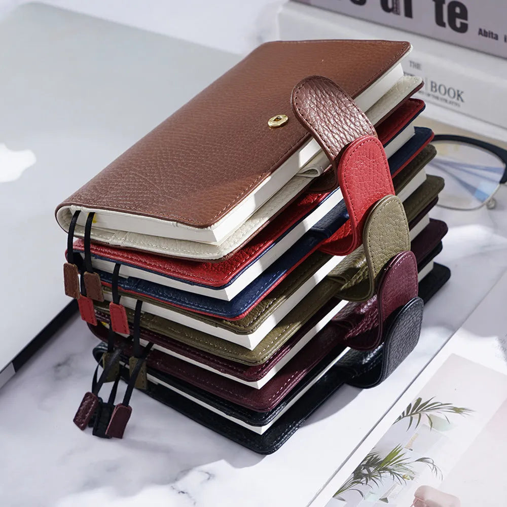 Cowhide leather A6 notebook with Lychee pattern design in loose-leaf diary format