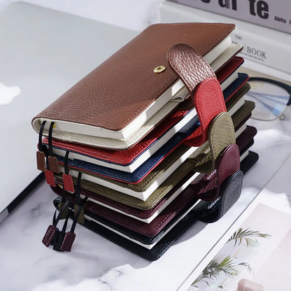 Cowhide leather A6 notebook with Lychee pattern design in loose-leaf diary format