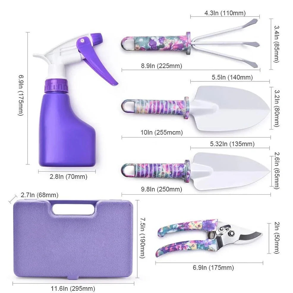 Purple-handled 10-piece rust-proof gardening tool set with sandblasted finish for soil work
