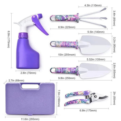 Purple-handled 10-piece rust-proof gardening tool set with sandblasted finish for soil work